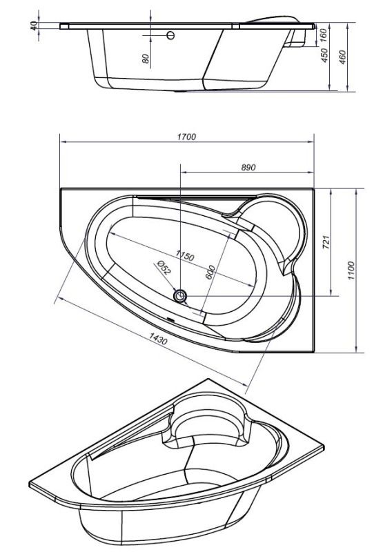 Ванна асимметричная KALIOPE 170*110 правая