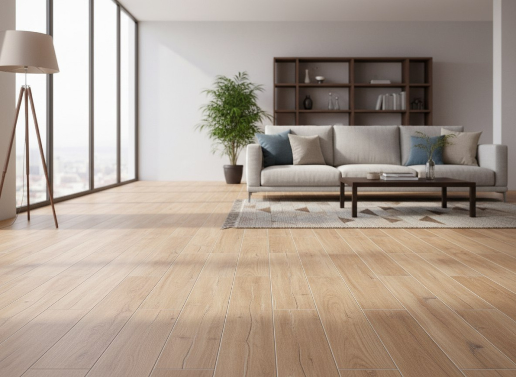 Интерьер гостиной с напольным керамогранитом под светлое дерево.